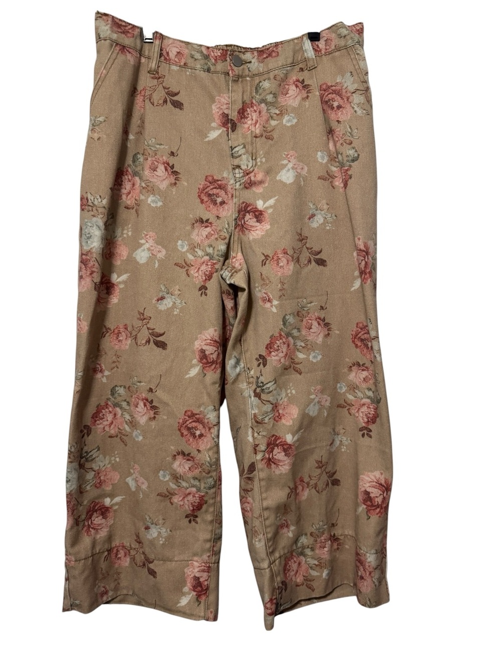 Loveimgs Floral Barrel Jeans Mid Rise Wide Leg Cropped Denim Pants Tan Rose 2XL